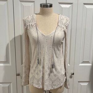 Lucky Brand Cream Boho Tassel V-Neck Tunic